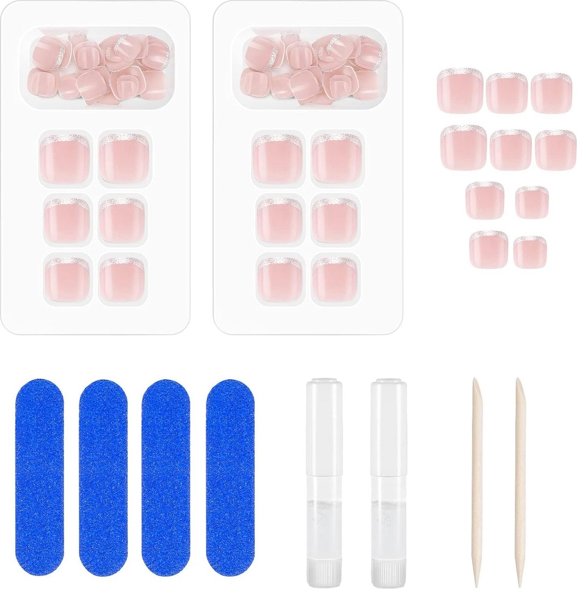 Goedkoopste 48 stuks valse teennagels met lijm, 12 maten glitter korte nep teen nagels tip, volledige dekking Franse kunstmatige acryl teennagels met nagelvijlen stok op teennagels voor vrouwen meisjes nagelsalon