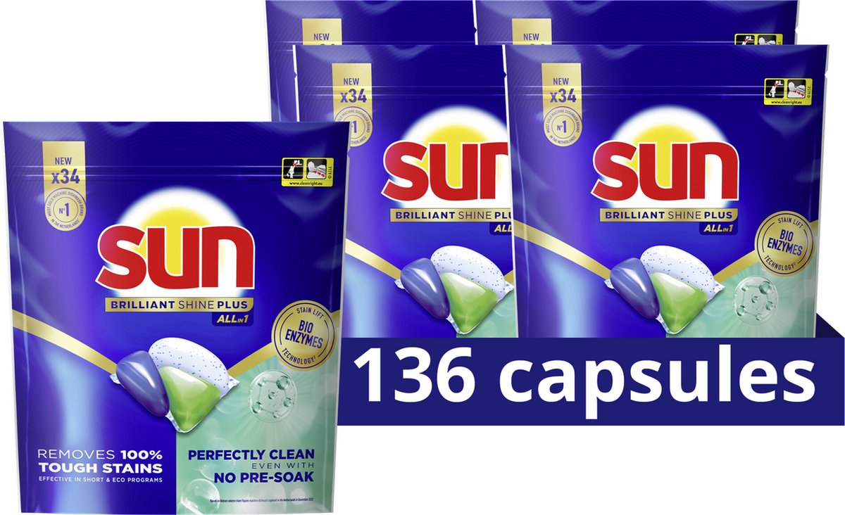 Sun - Vaatwastabletten- Brilliant Shine Plus - All-in 1 - 136 Capsules - Voordeelverpakking — afbeelding 2
