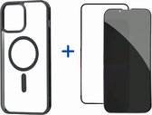 Optimity hoesje voor iPhone 15 PRO MAX Clear Case Magnetic zwart + Privacy Anti-Spy Gehard Glas Schermbeschermer