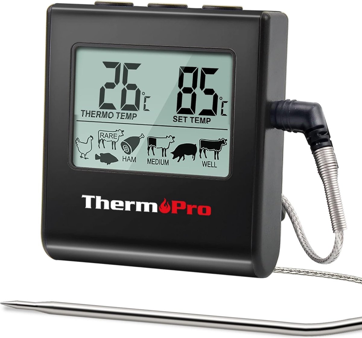 ThermoPro TP16 vleesthermometer grillthermometer digitale braadthermometer oventhermometer keukenthermometer met timer voor BBQ, grill, roker, zwart