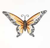 Anna Collection Wanddecoratie vlinders - 2x - groen/oranje - 36 x 21 cm/49 x 28 - metaal - muurdecoratie/schutting