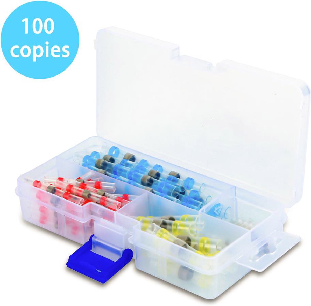Intirilife doos met 100 soldeerverbindingen in 4 MATEN - krimpkous set van 100 stuks in verschillende maten - etui met transparante soldeerhulzen met geïntegreerd soldeer in 4 kleuren