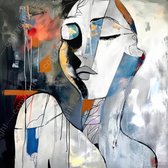 JJ-Art (Aluminium) 60x60 | Vrouw, gezicht, abstract, Picasso stijl, kunst | mens, grijs, rood, blauw, bruin, vierkant, modern | foto-schilderij op dibond, metaal wanddecoratie