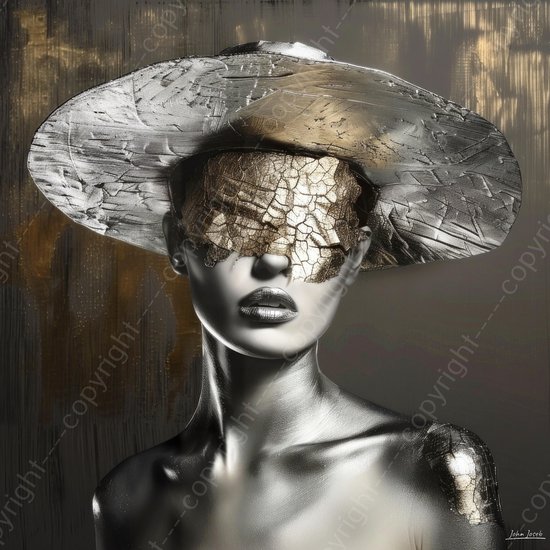JJ-Art (Aluminium) 100x100 | Vrouw met hoed in zilver, goud, bruin, kunst | portret, mens, vierkant, modern | foto-schilderij op dibond, metaal wanddecoratie