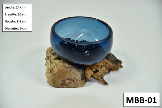 Prohobtools - Gesmolten glas op hout - Mini Blauwe kom - Glazen kom op stronk - Boomstronk met glas - mini bol - Ideaal als cadeau