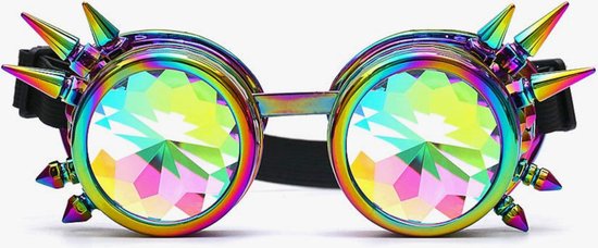 Goggles met spikes regenboog kleuren - Steampunk bril - festival bril - Goggles Steampunk Bril Met Spikes -met handig opbergzakje- Space bril met caleidoscoop glazen