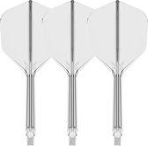 Drie doorschijnende dartflights met een K-logo, op een witte achtergrond.