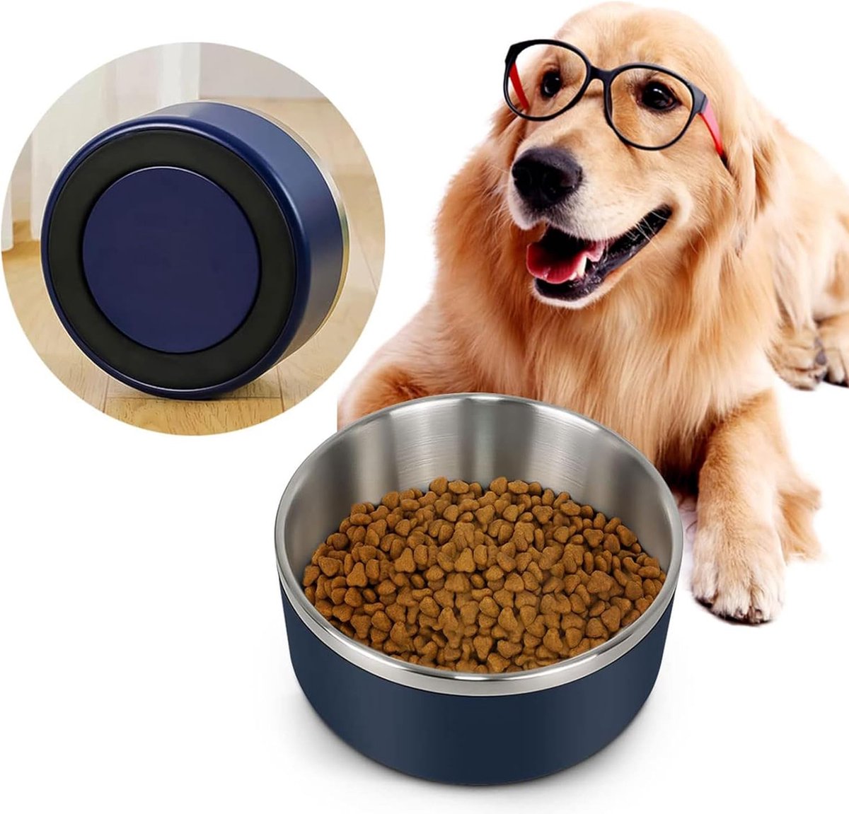 Hondenkommen dubbelwandig voor voedsel en water, 1,8 liter roestvrij staal, duurzaam, antislip, geïsoleerd, zwaar gebruik, stevig met rubberen basis voor middelgrote honden (64 oz, blauw)