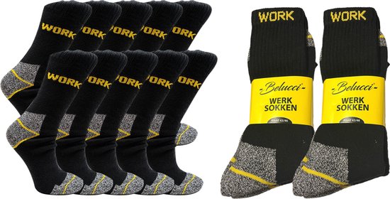 Zwarte werksokken met gele "WORK" opdruk en grijze accenten bij de hiel en teen. Verkocht per 10 paar.