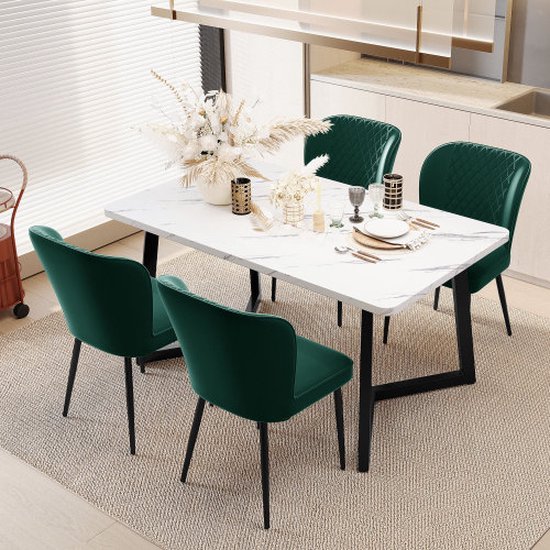 Chaise de salle à manger (4 pièces), vert foncé, chaise rembourrée, chaise design avec dossier, assise en velours, structure en métal