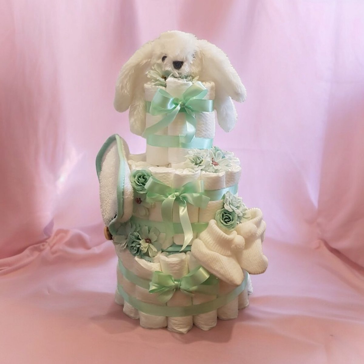 Goedkoopste Luiertaart - 3 laags - Mint - pampers - slojes -knuffeldoekje - slabber
