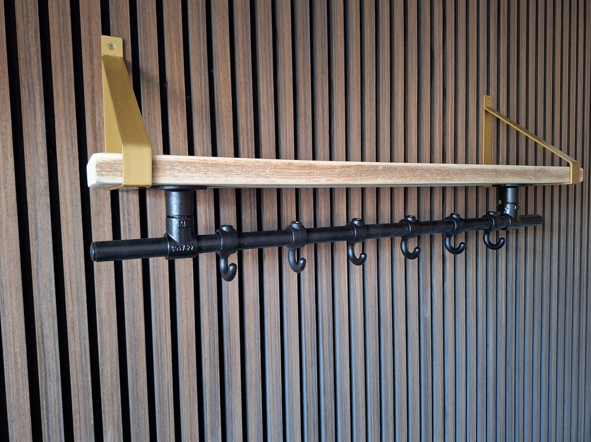 Industriële Wandkapstok - 90 Cm - Kapstok met Bovenplank - Steigerhout - 6 Haken - Metalen plankdragers Goud