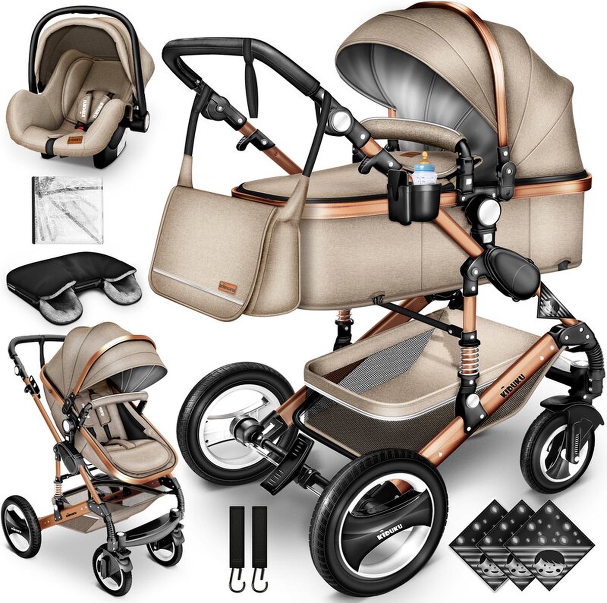 KIDUKU- 3 in 1 combi-kinderwagen- beige/goud- buggy incl. autostoeltje-regenhoes- inklapbaar