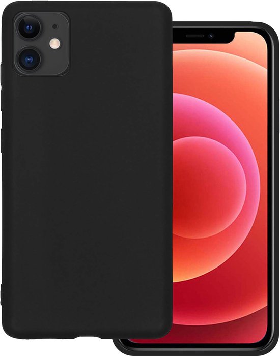 Housse noire en silicone à côté d'un iPhone 12 avec fond d'écran rouge.