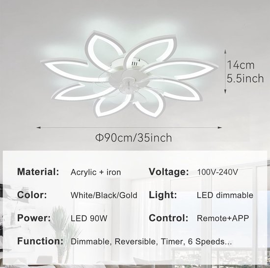 LuxiLamps - Plafonnier 8 étoiles avec ventilateur - Wit - Avec télécommande - Lampe Smart - Intensité variable avec application - 6 réglages de ventilateur - Lampe de salon - Lampe moderne - Plafoniere