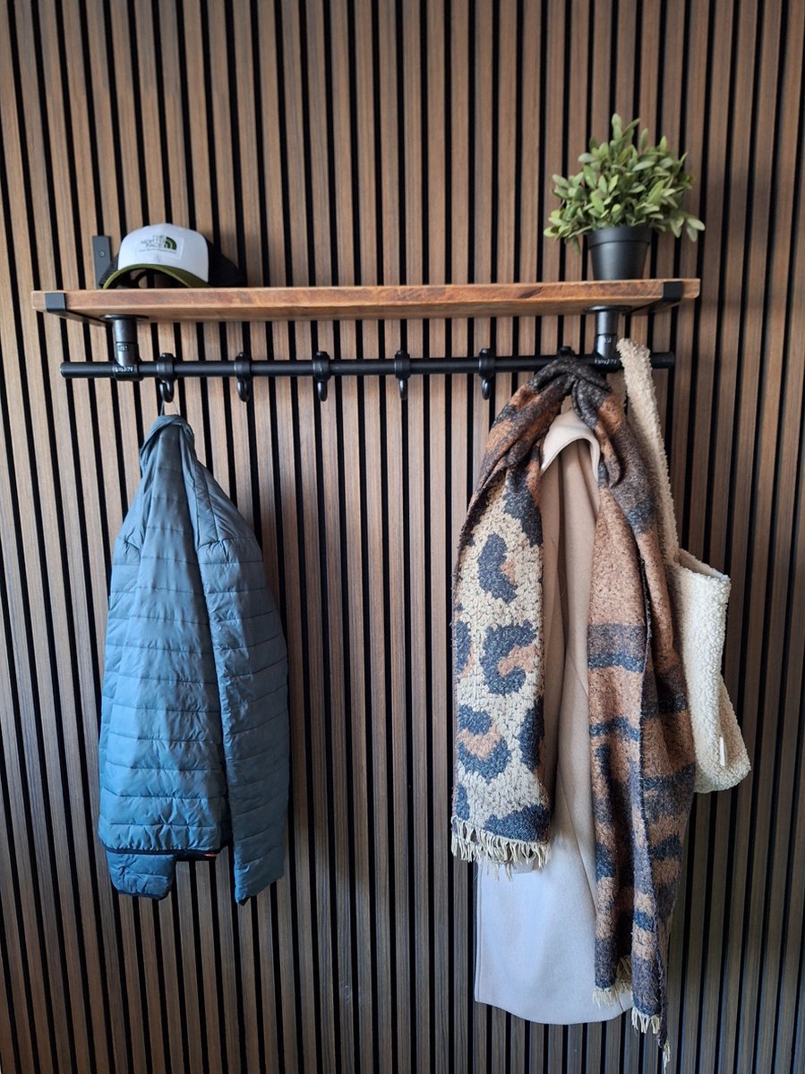 Hoexs - Wandkapstok Industrieel - Mangohout - Kapstop met Bovenplank - Stalen Plankdragers Zwart- 70 Cm - 6 Haken - Inclusief Bevestigingsmateriaal - Decoratie