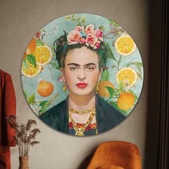 Muurcirkel - Frida Kahlo loves mandarin - Wallz | Forex | Ø 80cm | Inclusief ophangsysteem