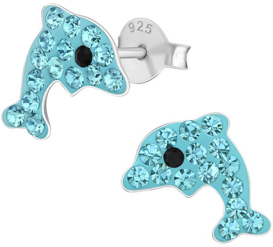 Joy|S - Zilveren dolfijn oorbellen - blauw kristal - 12 x 10 mm - kinderoorbellen