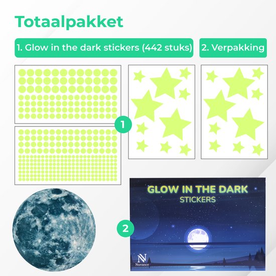 Nuvance - Glow in the Dark Sterren en Maan - 442 Stuks - Muurstickers Kinderkamer