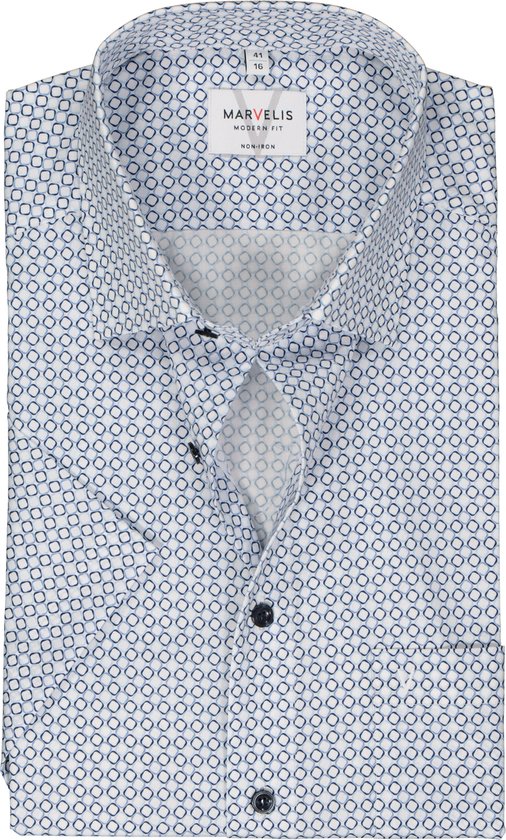 MARVELIS modern fit overhemd - korte mouw - popeline - lichtblauw dessin - Strijkvrij - Boordmaat: 41