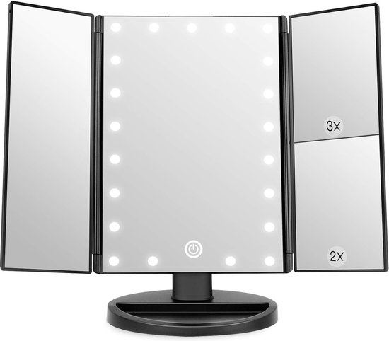 Miroir de maquillage éclairé, grossissement 1 x / 2 x / 3 x, miroir en trois parties avec 21 lumières LED, interrupteur à écran tactile, miroir de table avec batterie et USB disponible (noir)