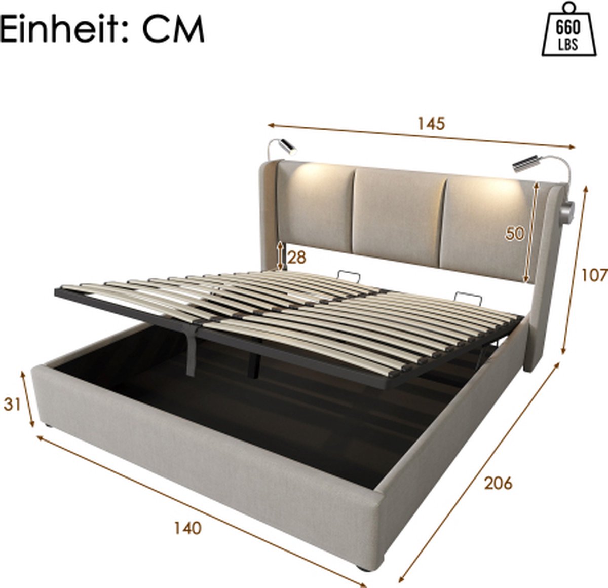 Gestoffeerd tweepersoonsbed, 140 x 200, hydraulisch opbergbed, led, tweepersoonsbed met lattenbodems, tweepersoonsbed, 140 x 200 cm, met opbergruimte