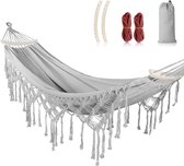 Hangmat met kwasten/franjes, gebogen houten stang, bevestigingsriemen en draagtas voor outdoor, balkon, terras, tuin