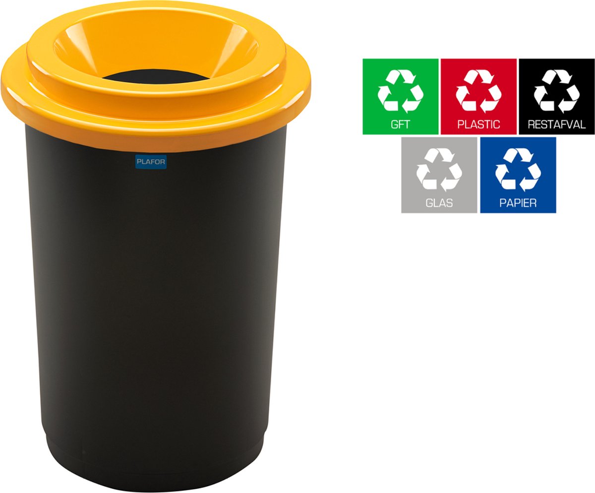 Goedkoopste Plafor Eco Bin Ronde Prullenbak voor afvalscheiding - 50L – Zwart/Geel - Inclusief 5-delige Stickerset - Afvalbak voor gemakkelijk Afval Scheiden en Recycling - Afvalemmer - Vuilnisbak voor Huishouden, Keuken en Kantoor - Afvalbakken - Recyclen