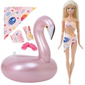 Poppenkleertjes - Geschikt voor Barbie - Set van 1 badkleding outfit en 1 zwemband - Bikini, omslagdoek, opblaasdier, slippers - Zomer - Cadeauverpakking