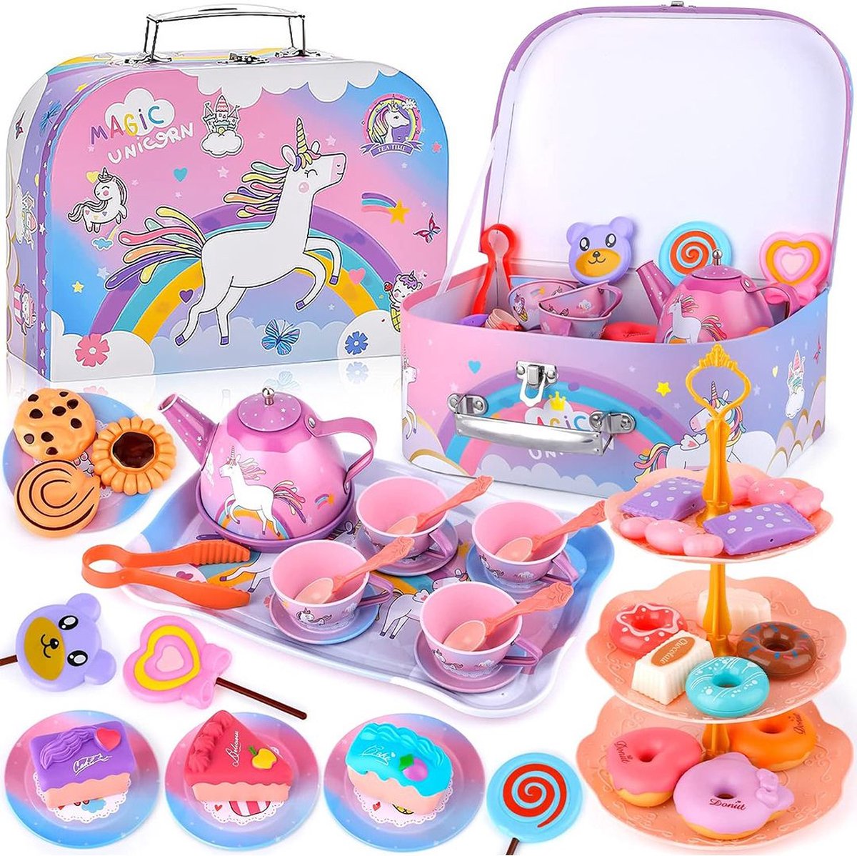 Dailysupplies Theeservies Speelgoed voor Kinderen Kinderspeelgoed 1 2 3 Jaar en Ouder Meisjes en Jongens Paarse Eenhoorn Set