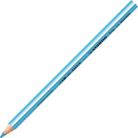 Blauw STABILO Trio potlood met twee witte strepen en tekst.
