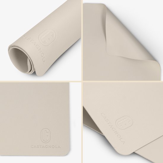 Collage van offwhite placemats, opgerold en gevouwen, met logo.