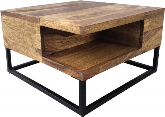 Table basse en bois Massief GIANT 60 cm finition pierre de Sesham naturelle métal noir avec étagère