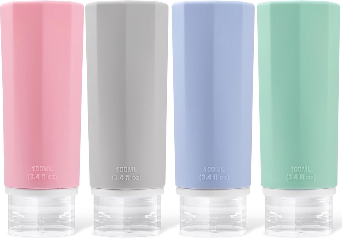 Goedkoopste Set van 4 siliconen reisflessen, 100 ml, reisflessen om te vullen, cosmetica, shampoo, vloeistoffen, lekvrij, navulbare lege reisset, reisformaat, containers, reisflessenset, reisset
