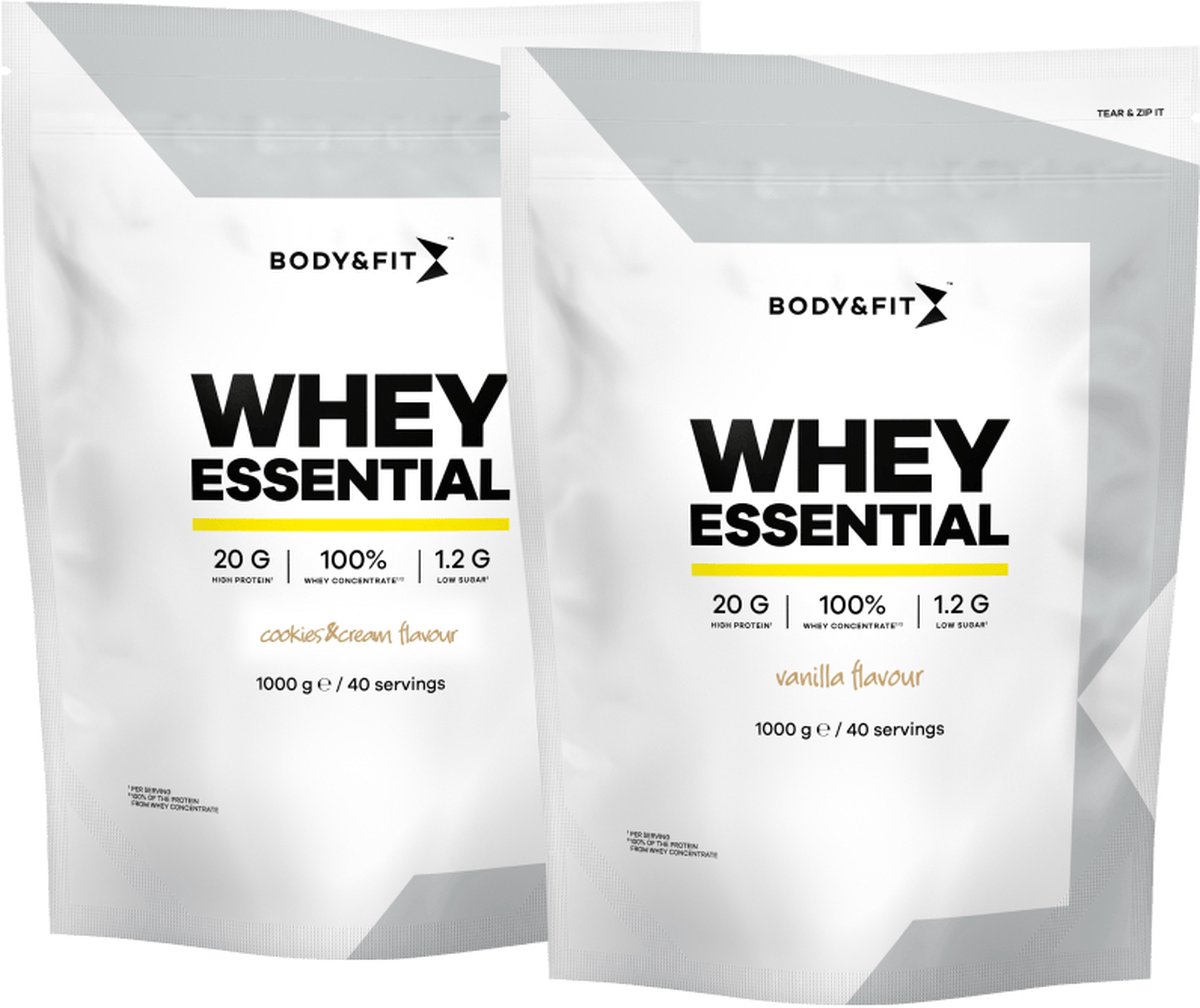 Goedkoopste Body & Fit Whey Essential Vanille 1000 gram Cookies & Cream 1000 gram - Whey Protein - Proteine Poeder