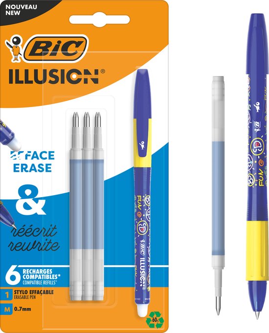 Stylo bille effaçable et rechargeable et recharges BIC Illusion - Encre bleue - pack de 1 stylo et 3 recharges - Pointe Medium 0 mm