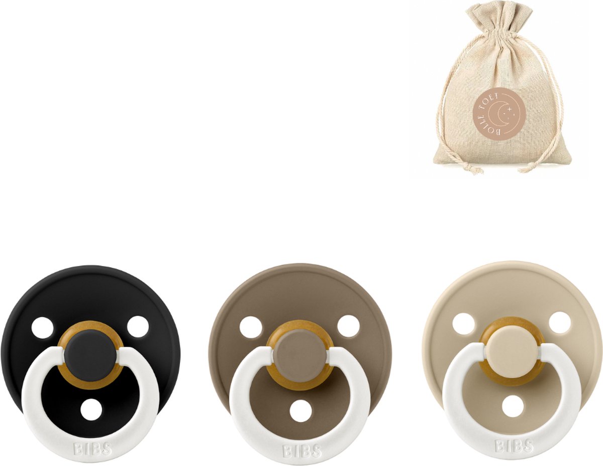 Goedkoopste BIBS fopspenen T3 Glow in the dark black, dark oak en vanilla BolleToet speenzakje