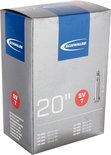 Grijze doos van Schwalbe fietsbanden, met de tekst '20' SV 7' en productinformatie.
