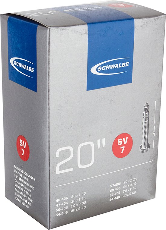 Grijze doos van Schwalbe fietsbanden, met de tekst '20' SV 7' en productinformatie.