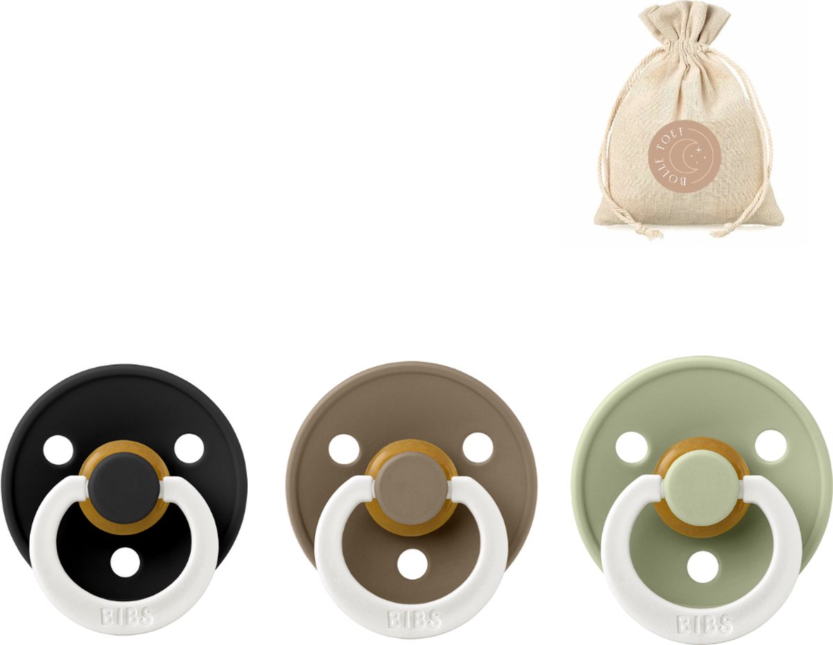 Goedkoopste BIBS fopspenen T3 Glow in the dark black, dark oak en sage BolleToet speenzakje