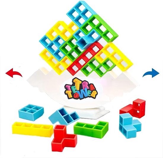 JUST23 Tetra Tower Balans Spel - Tetris tower - 48 Onderdelen - Balanstoren - Inclusief opdrachten - Educatief Speelgoed - Spelen met de gehele familie