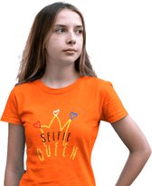 T-shirt Selfie Queen met glitters | Koningsdag Kleding Kinderen | Oranje | maat 152