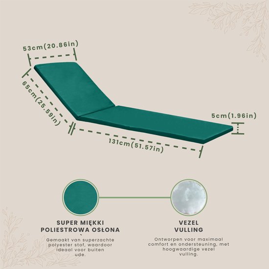 Afmetingen van een donkergroen ligstoelkussen: 131cm lengte, 53cm breed, 65cm opgevouwen. Gemaakt van polyester met vezelvulling.