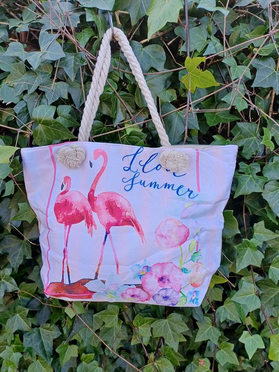 Sac de plage Shopper 44cmLx33cmH avec imprimé été avec Flamingo modèle 2