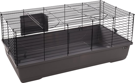 Hamsterkooi – Flamingo Mobi – caviakooi & dwergkonijnenkooi – binnenkooi met hooiruif en diepe bodem – metaal zwart & grijs – 99x53x42,5 cm – Europese kwaliteit