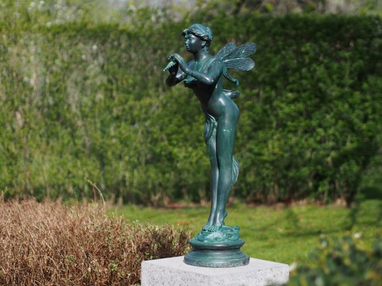 Tuinbeeld - brons - Fee met fluit - Bronzen beeld - 26 cm hoog - bronzartes