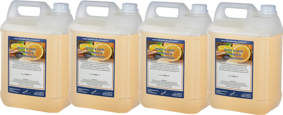 Goedkoopste Body & Hair Sweet Orange & Cedarwood- 5 Liter - set van 4 stuks - 2 in 1 voor lichaam en haar.