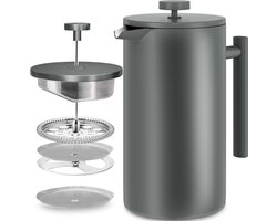 French Press Koffiezetapparaat 34 oz - 1000 ml (4 koffiemokken / 8 koffiekopjes) - Koffiezetapparaat met drievoudig roestvrijstalen filter en geïsoleerde wanden - Grijs