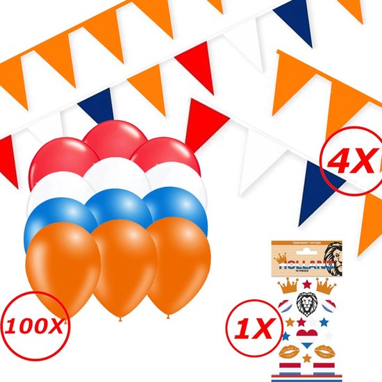 Feestpakket met oranje, witte en blauwe ballonnen, vlaggetjes in rood, wit, blauw en oranje, en tijdelijke tatoeages met Holland-thema.