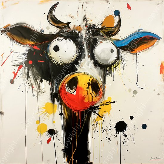 JJ-Art (Canvas) 60x60 | Grappige koe met bolle ogen, Joan Miro stijl, abstract | kunst, dier, vierkant, stier, bruin, zwart, oranje, blauw, geel, wit, woonkamer, modern | Foto-Schilderij canvas print (wanddecoratie)
